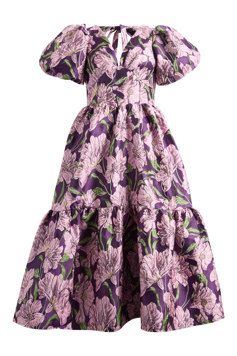 Floraison Floral Jacquard Puff Sleeve Dress, Alternate, color, PURPLE