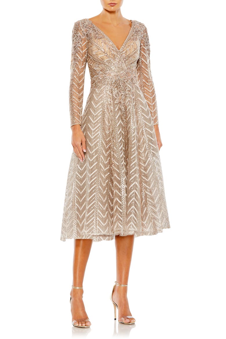Embellished Long Sleeve Wrap Over Dress, Main, color, TAUPE