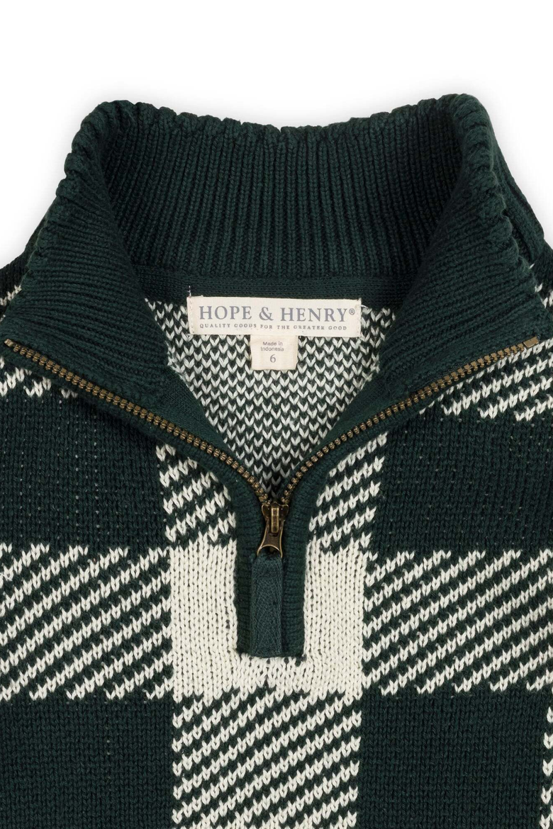 Kids' Organic Half Zip Intarsia Sweater, Alternate, color, Deep Green Check