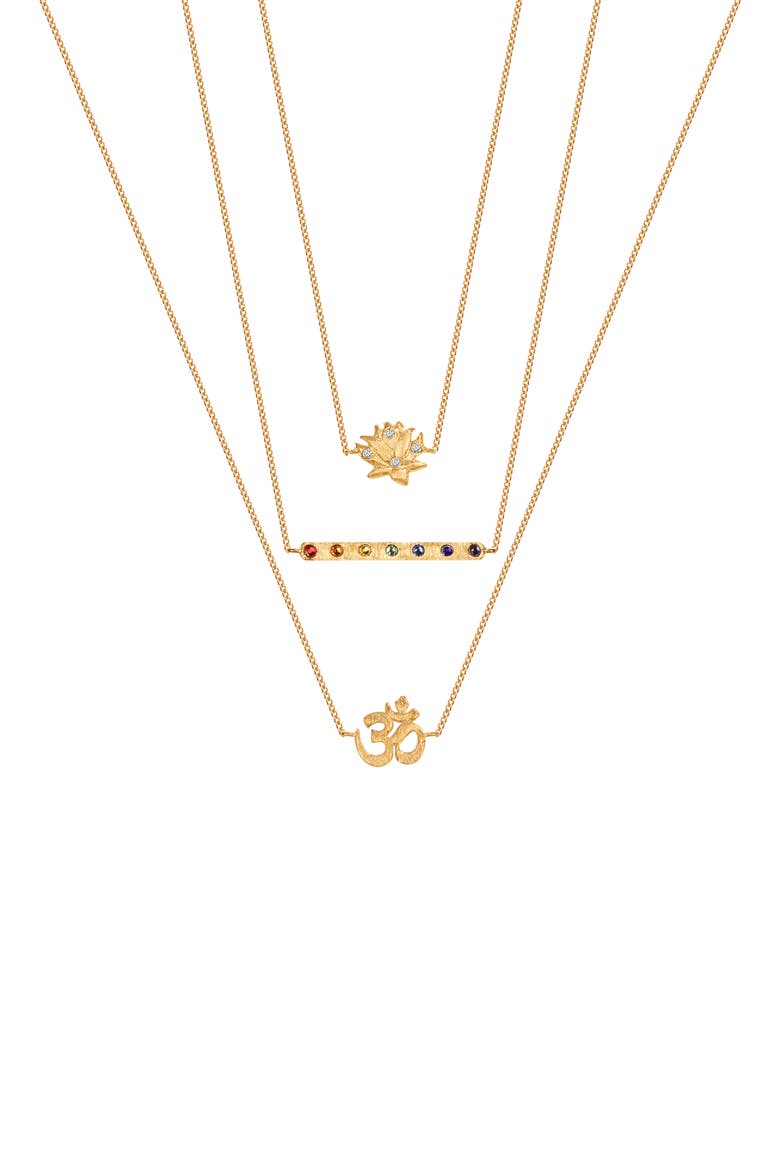 Aligned in Serenity - Lotus OM Chakra Bar Triple Layer Necklace, Main, color, Gold