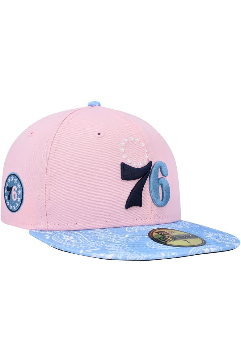 Men's New Era Pink/Light Blue Philadelphia 76ers Paisley Visor 59FIFTY Fitted Hat, Main, color, Pink