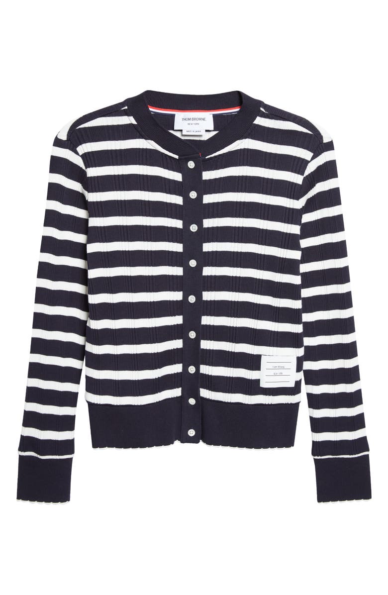 Thom Browne Stripe Scallop Edge Cotton Rib Cardigan, Main, color, Navy/ White
