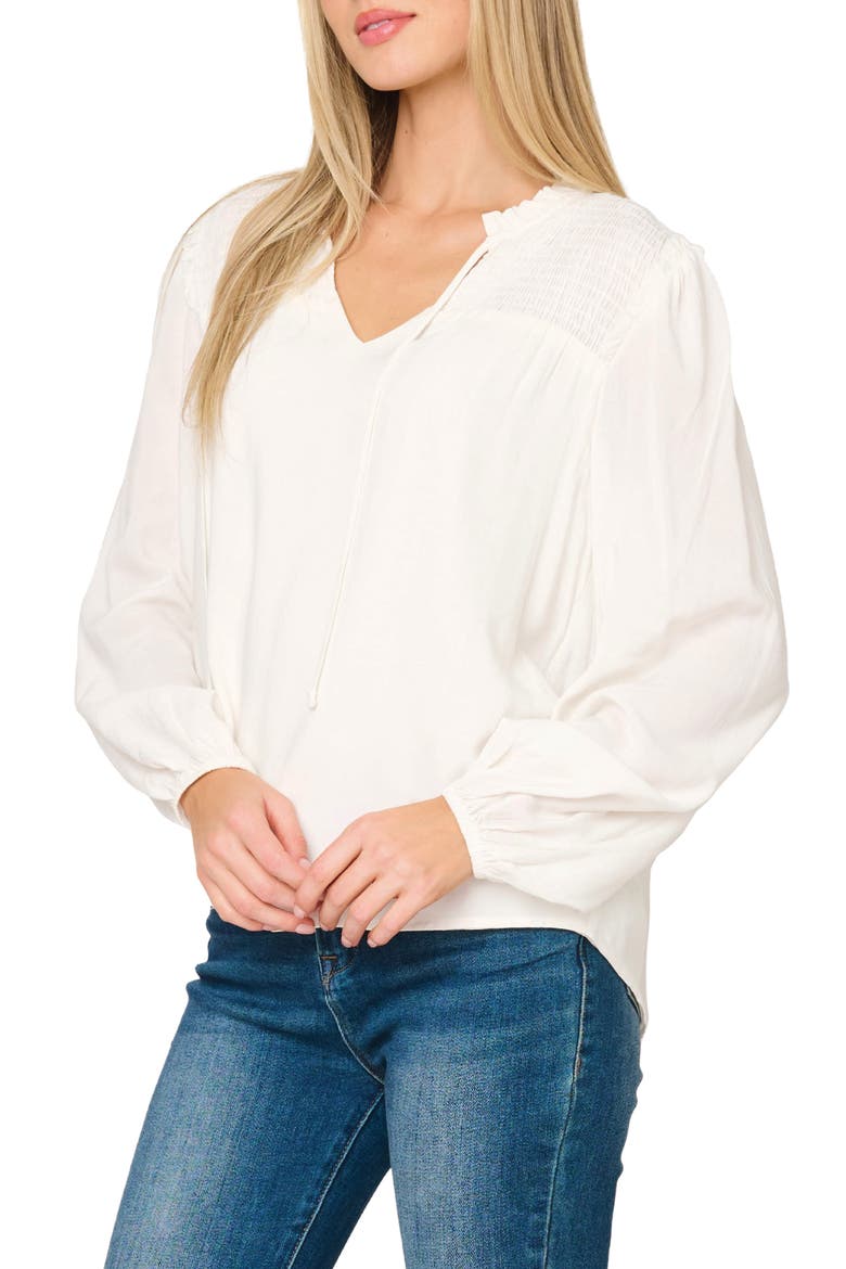 Tie Neck Long Sleeve Smoked Yoke Blouse, Alternate, color, IVORY