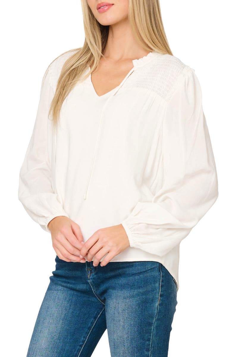 GIBSONLOOK Tie Neck Long Sleeve Smoked Yoke Blouse, Alternate, color, Ivory