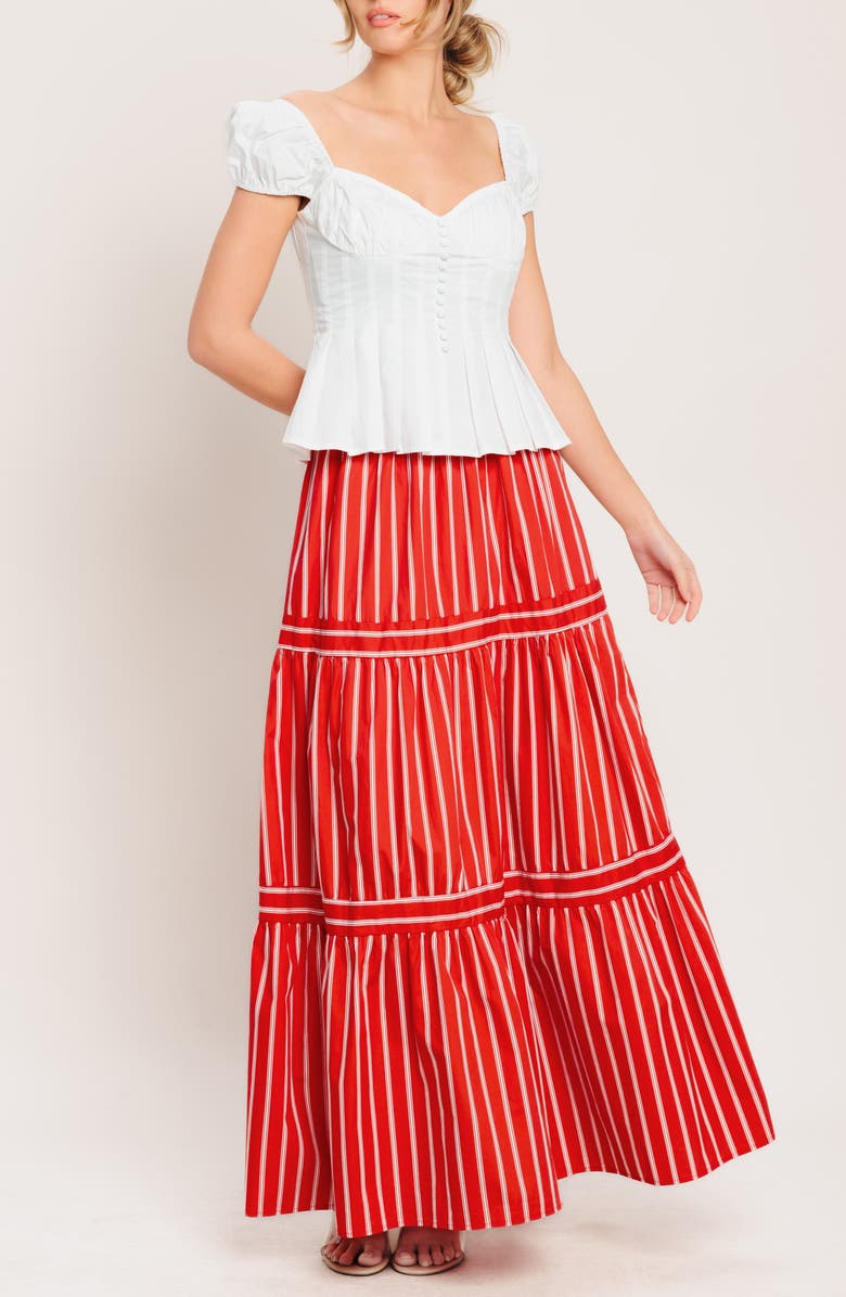 FLYING TOMATO Stripe Tiered Cotton Maxi Skirt, Alternate, color, Red/ White