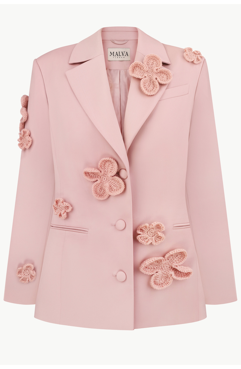 Malva Florea Classic Hourglass Jacket With Crochet Floral Appliqus, Main, color, Powder