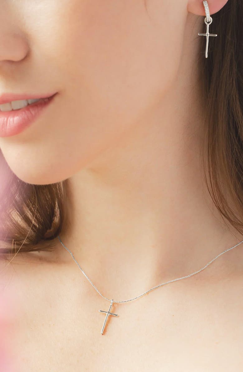 Bearfruit Jewelry Sterling Silver 18k Gold Plated Ariel Cross Necklace & Mismatching Cross Earrings Set Holiday Gift Idea, Alternate, color, Silver