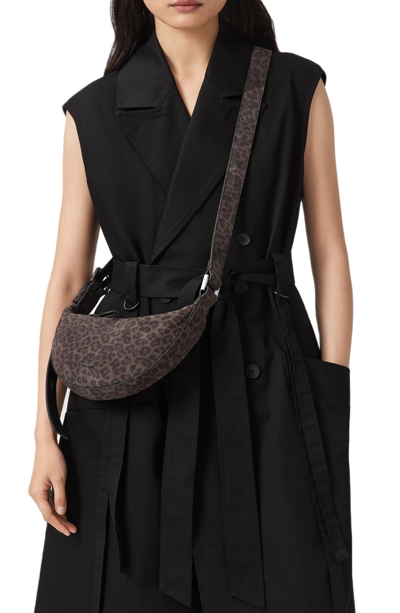 AllSaints Half Moon Leather Crossbody Bag, Alternate, color, Leppo Brown