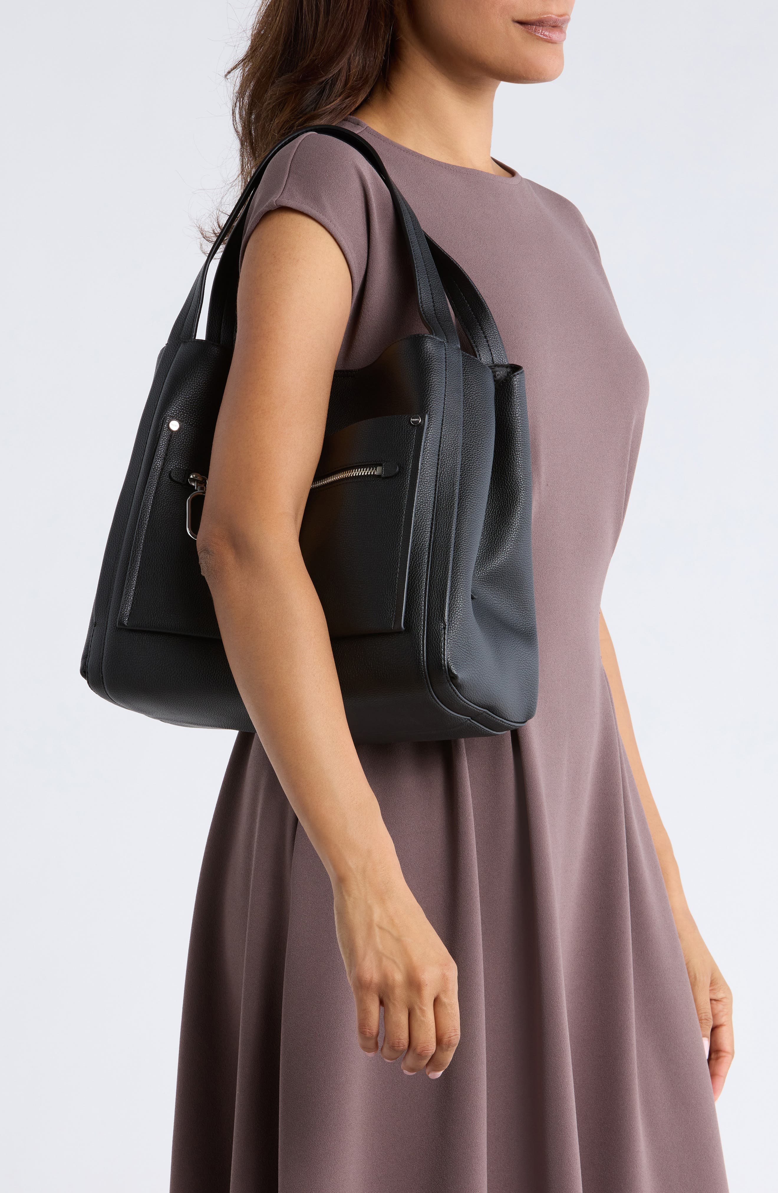 DKNY Nala Faux Leather Hobo Bag, Alternate, color, Black/ Silver