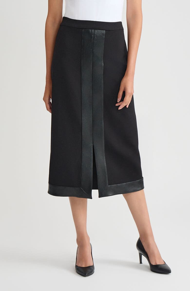 Ming Wang Faux Leather Trim Stretch Ponte Skirt, Main, color, Black