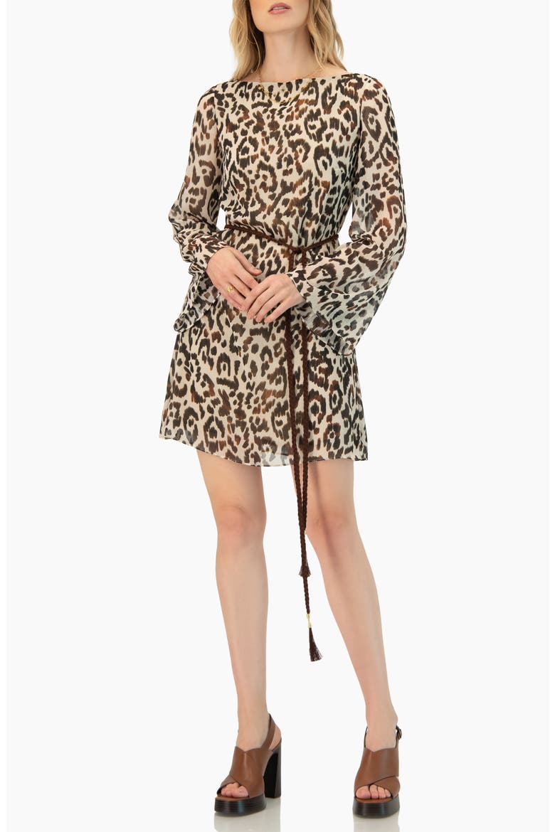 Short Animal Print Dress with Waist Tie, Alternate, color, Brown