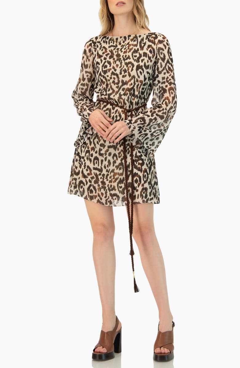 IVONNE Short Animal Print Dress with Waist Tie, Alternate, color, Brown