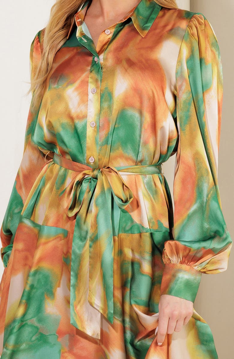 FLYING TOMATO Wanna Be Loved Long Sleeve Tie Waist Shirtdress, Alternate, color, Green Brown