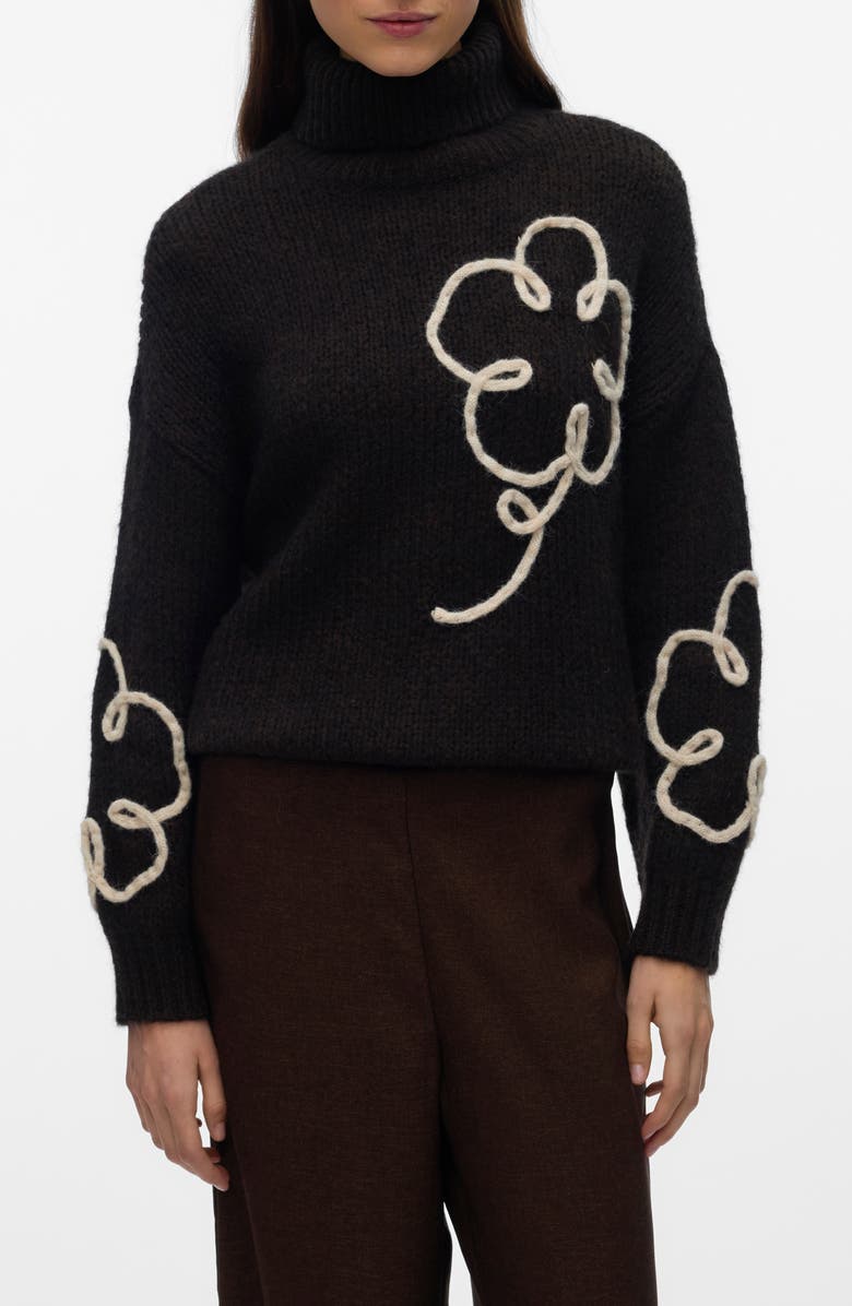 VERO MODA Fatima Floral Turtleneck Graphic Sweater, Main, color, Chocolate Torte Deta