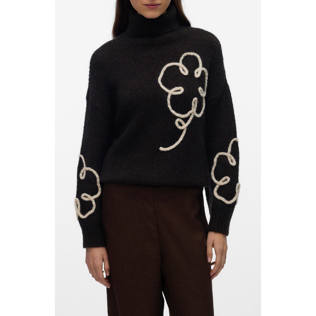 Vero Moda Fatima Floral Turtleneck Graphic Sweater In Black