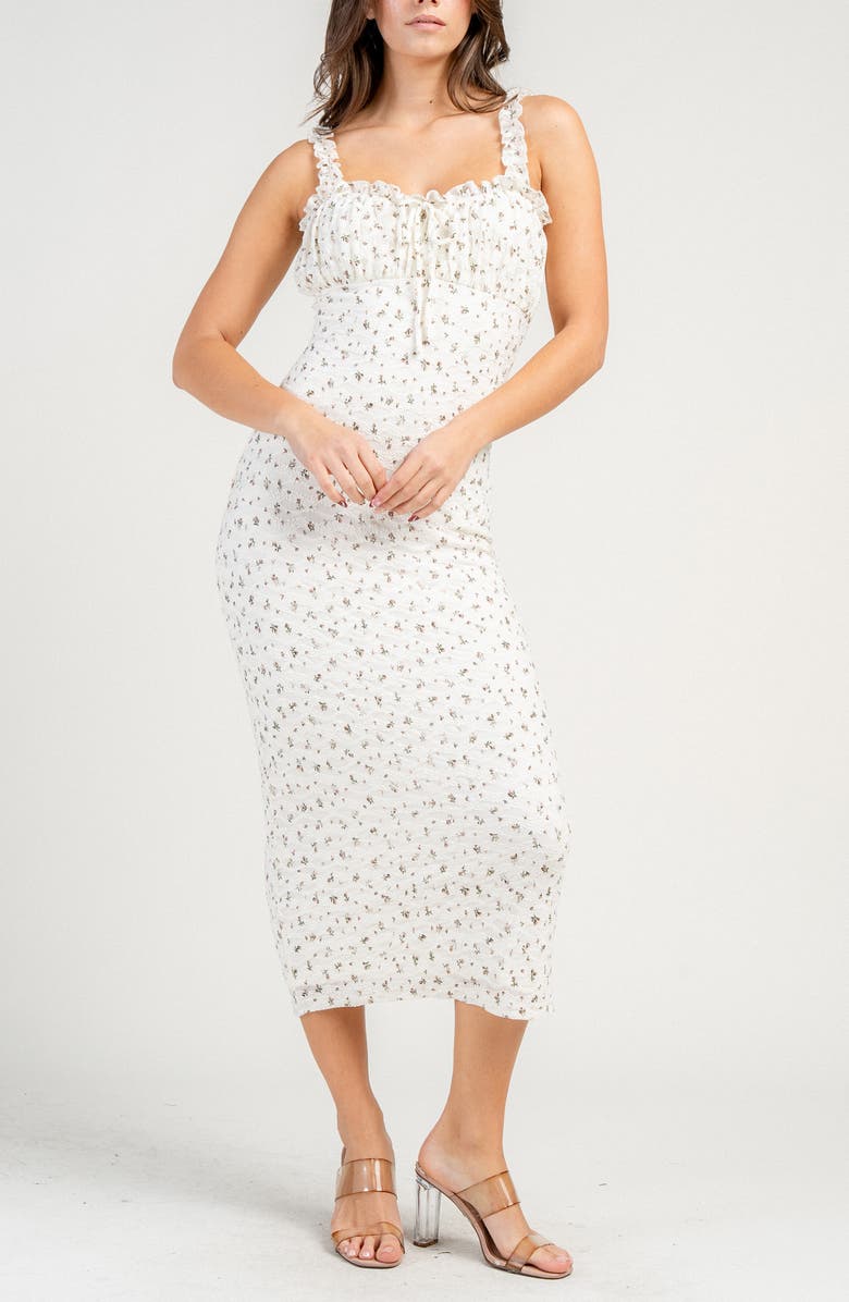 Beivy Floral Ruffle Midi Dress, Alternate, color, Ivory
