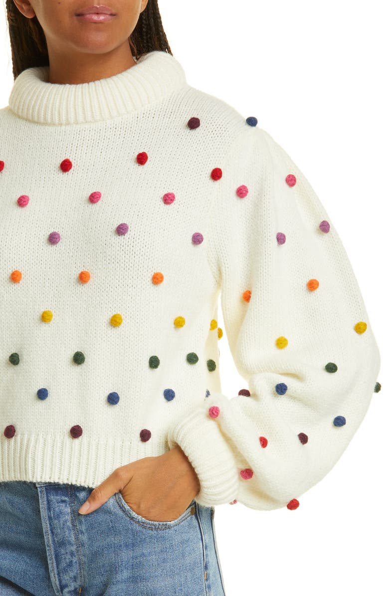 FARM Rio Rainbow Pom Blouson Sleeve Sweater, Alternate, color, Off-White Multi