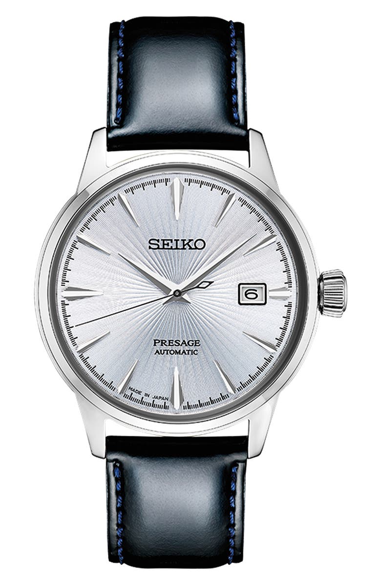 SEIKO WATCHES Presage Automatic Leather Strap Watch, 40.5mm, Main, color, Blue