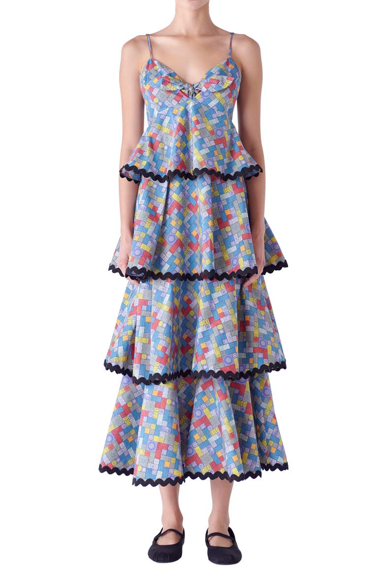 Grid Print Tiered Maxi Dress, Main, color, BLUE MULTI