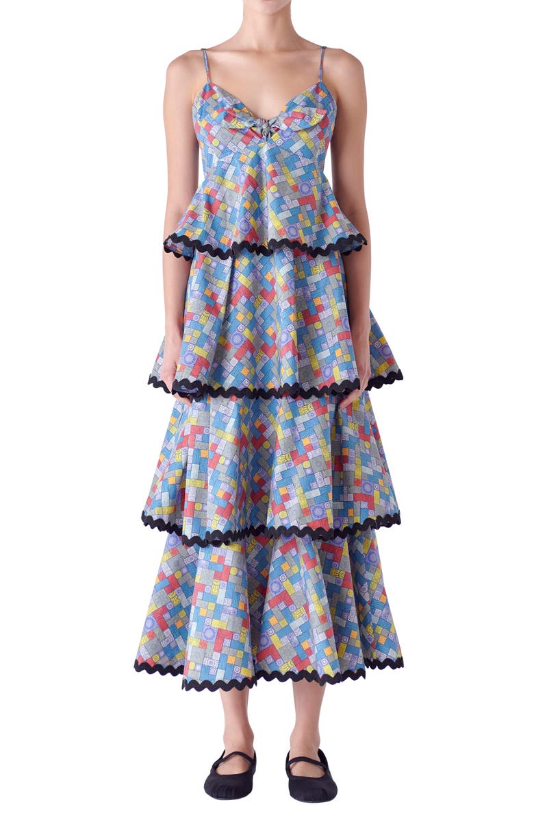English Factory Grid Print Tiered Maxi Dress, Main, color, Blue Multi