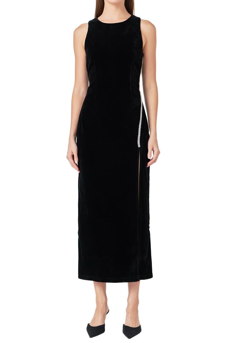 Jewel Trim Sleeveless Velvet Maxi Dress, Alternate, color, BLACK