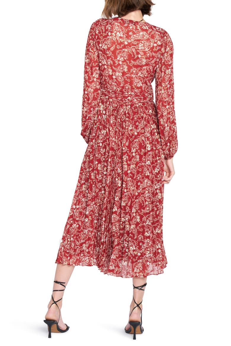 Paisley Long Sleeve Pleated Dress, Alternate, color, RUST