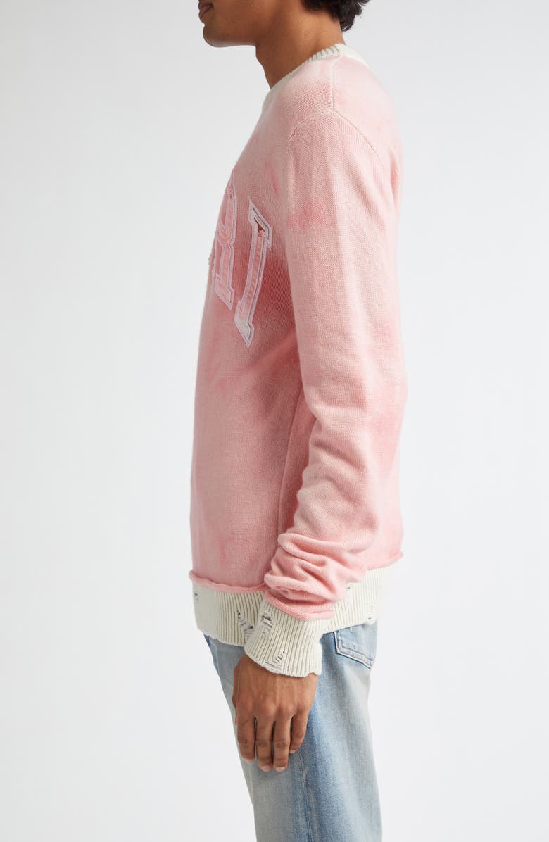 AMIRI Logo Appliqué Distressed Cashmere Crewneck Sweater, Alternate, color, Flamingo Pink