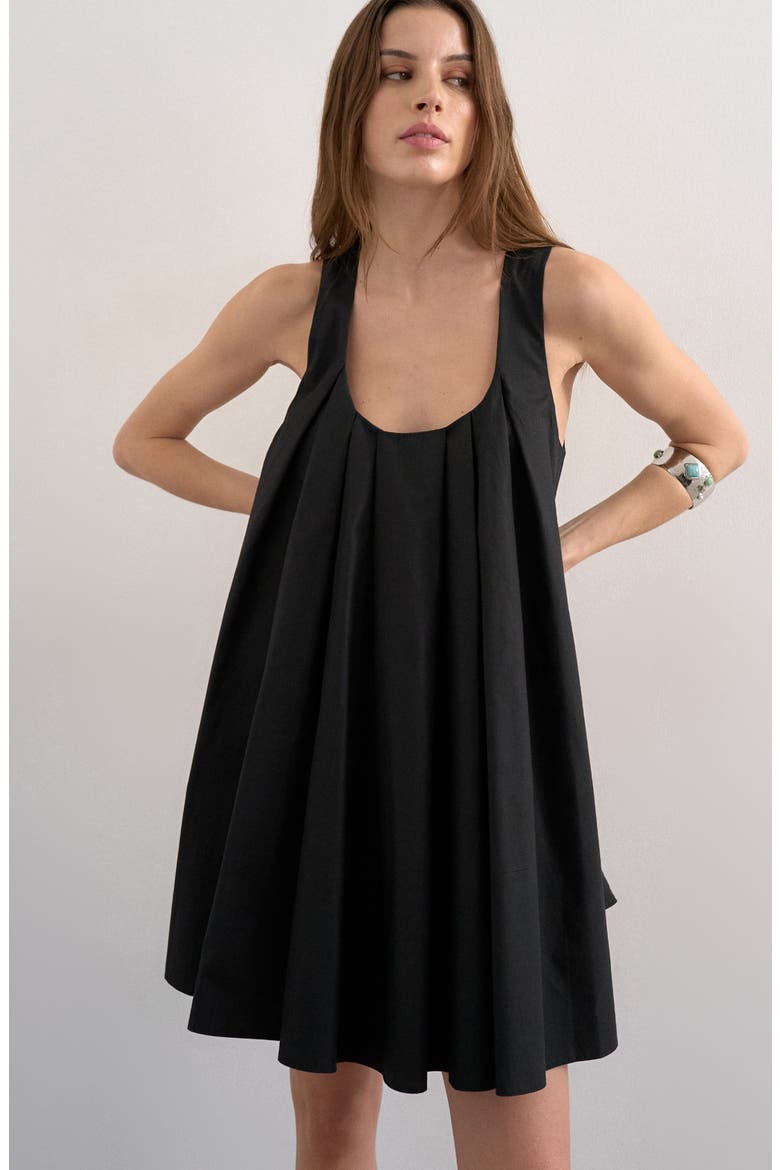 Pleated Cotton Trapeze Minidress, Alternate, color, BLACK
