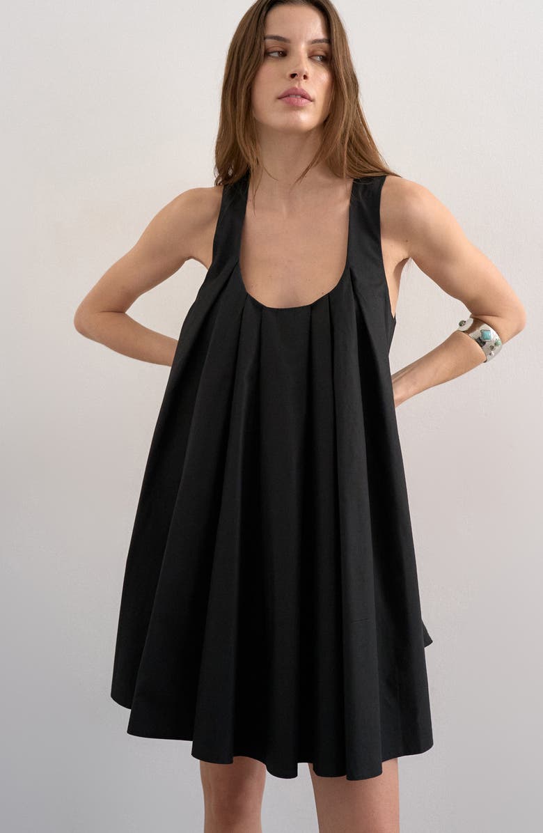 Topshop Pleated Cotton Trapeze Minidress, Alternate, color, Black