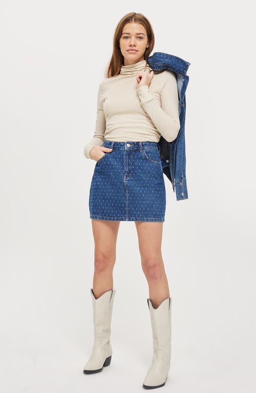 Topshop Crystal Studded Denim Miniskirt In Blue