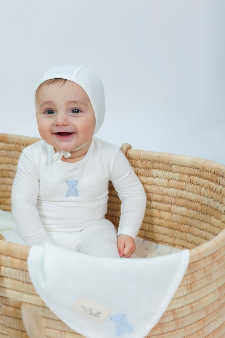 Boy Bear Embroidered Long Sleeve Romper with Matching Bonnet, Alternate, color, White/Blue