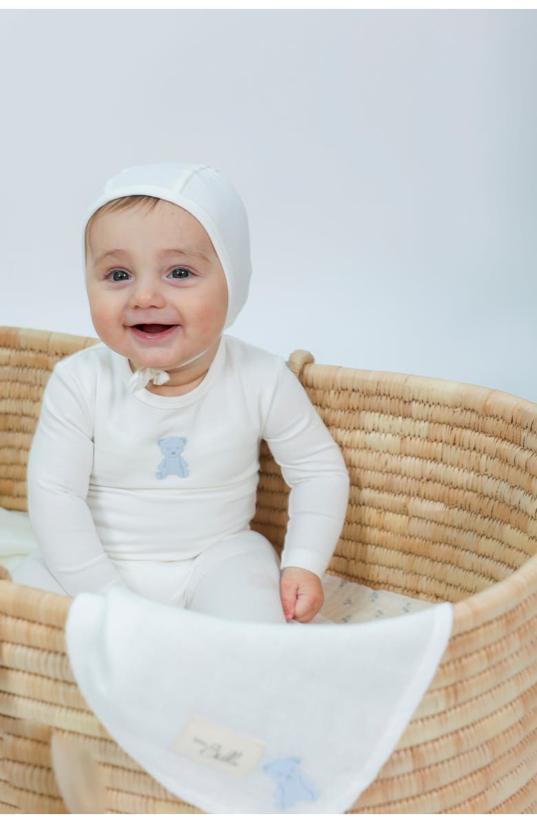Bebe Bella Girl Bear Embroidered Long Sleeve Romper with Matching Bonnet, Alternate, color, White/Pink