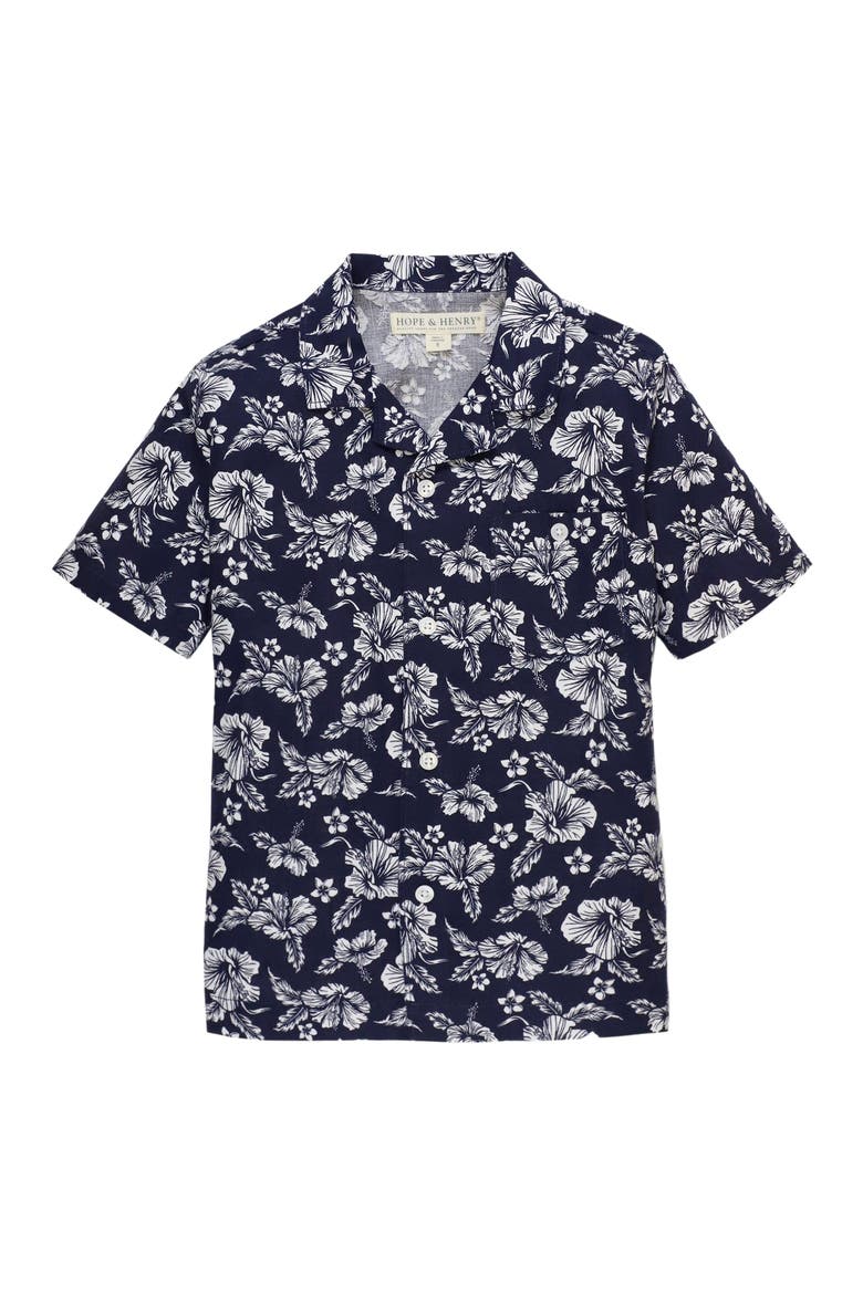 Boys' Linen Short Sleeve Camp Shirt, Kids, Main, color, Navy Hibiscus Linen