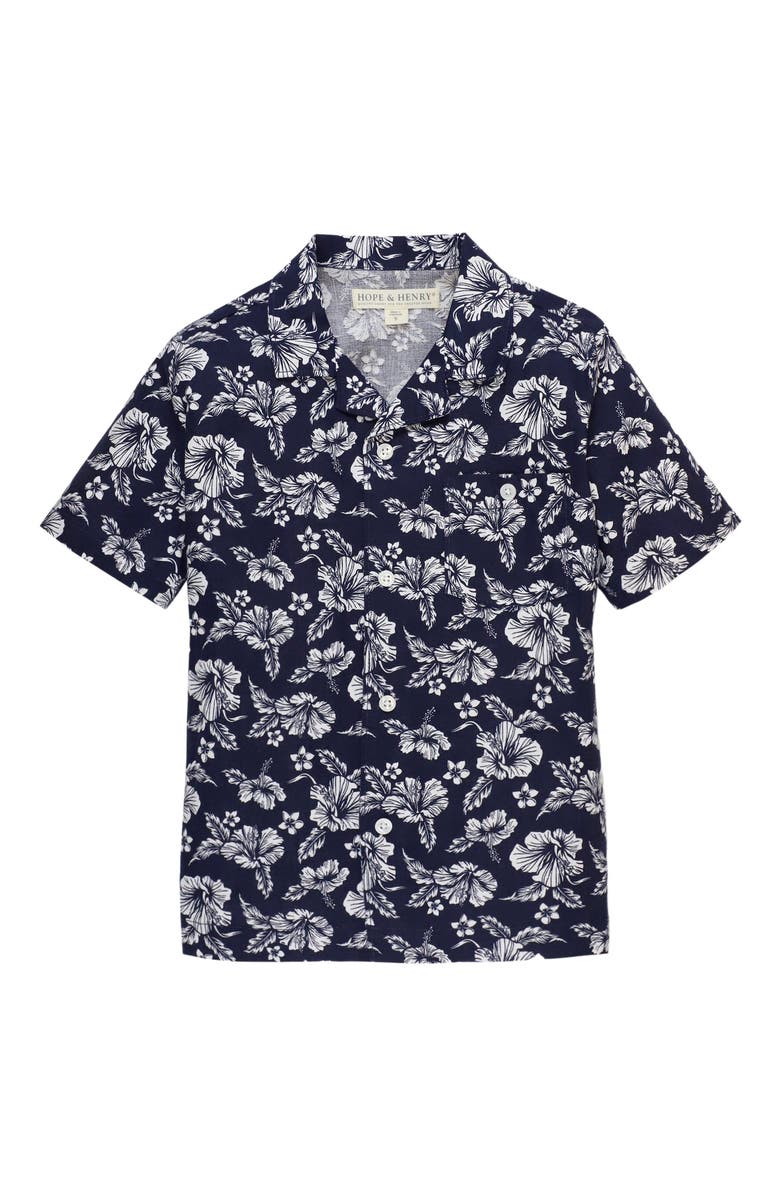 Hope & Henry Boys' Linen Short Sleeve Camp Shirt, Kids, Main, color, Navy Hibiscus Linen