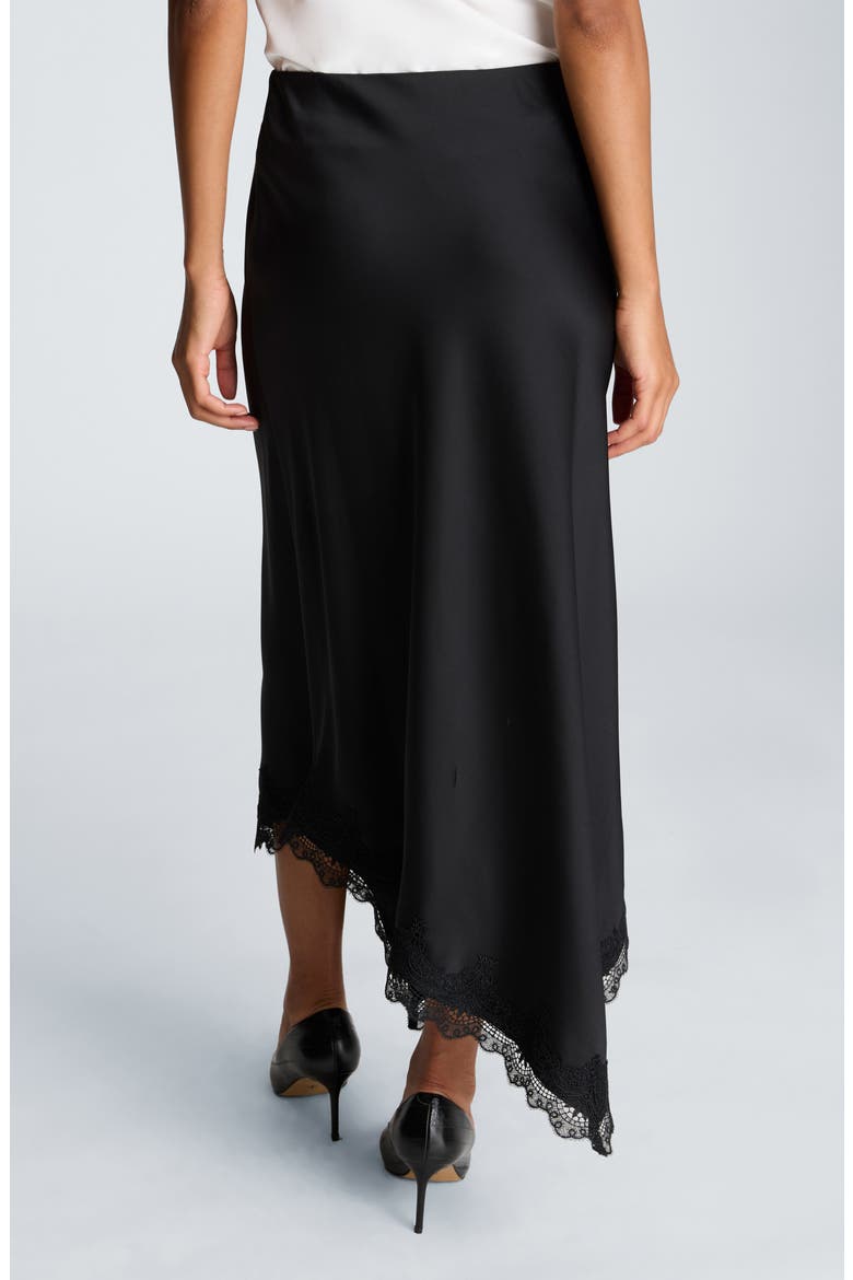 Asymmetric Lace Trim Satin Midi Skirt, Alternate, color, BLACK