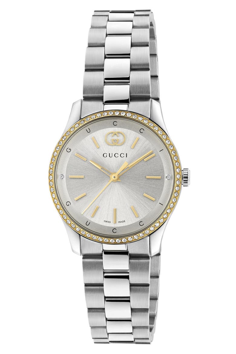G-Timeless Diamond Bezel Slim Bracelet Watch, 29mm, Main, color, SILVER/ GOLD
