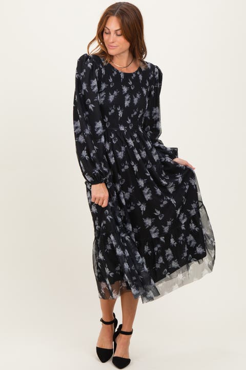Floral Mesh Smocked Midi Dress