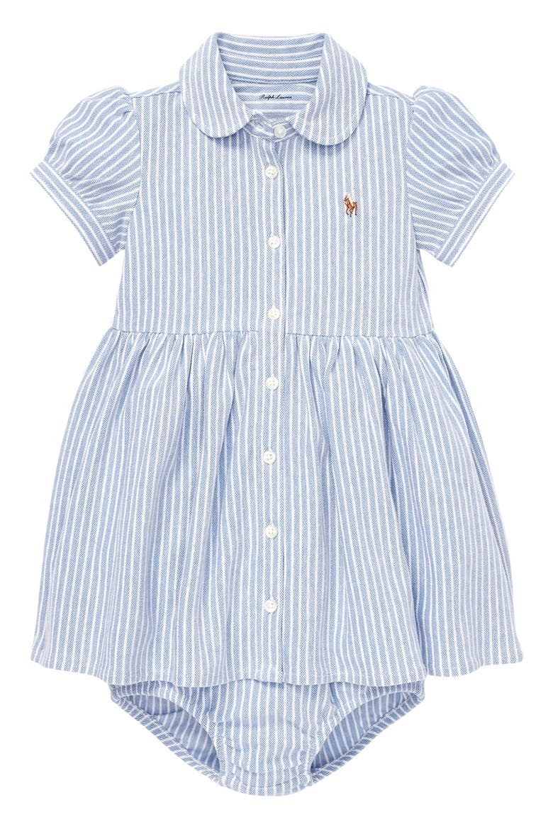 Oxford Stripe Piqué Dress & Bloomers, Main, color, HARBOR ISLAND BLUE/ WHITE