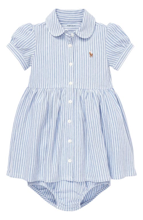 Ralph Lauren Oxford Stripe Piqué Dress & Bloomers in Harbor Island Blue/White at Nordstrom, Size 12M
