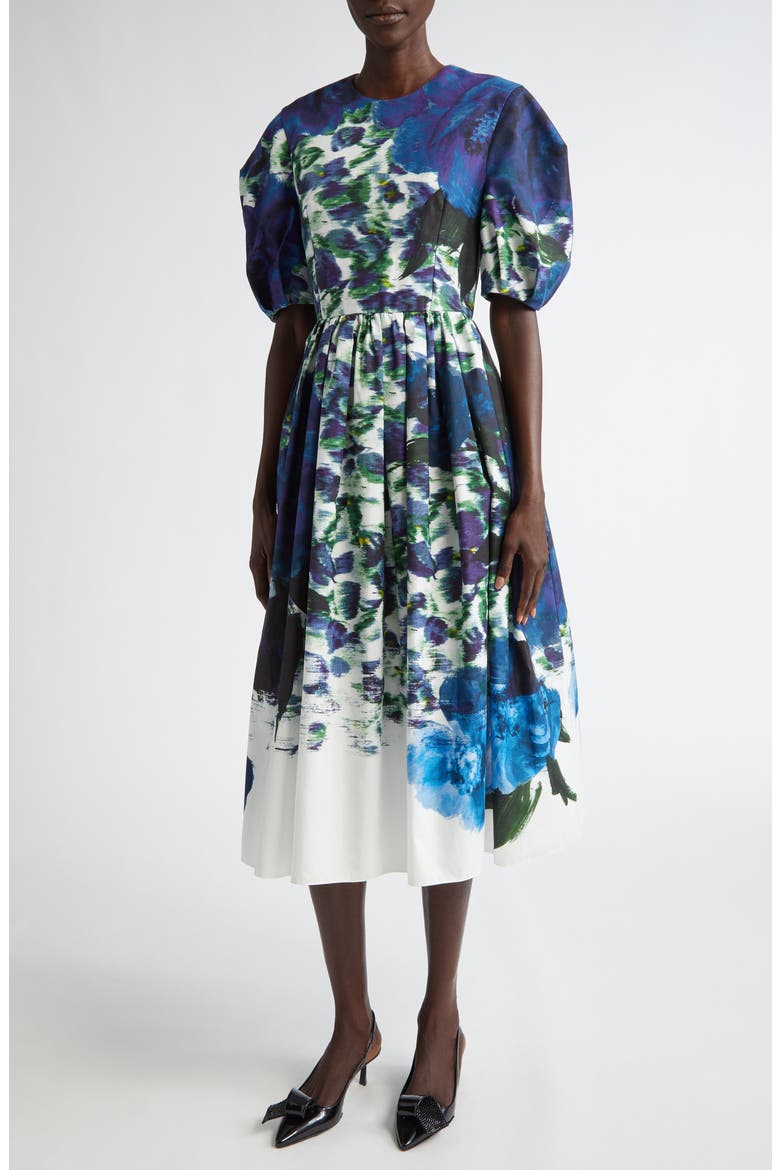 Floral Pleated Cotton Faille A-Line Midi Dress, Main, color, BLUE