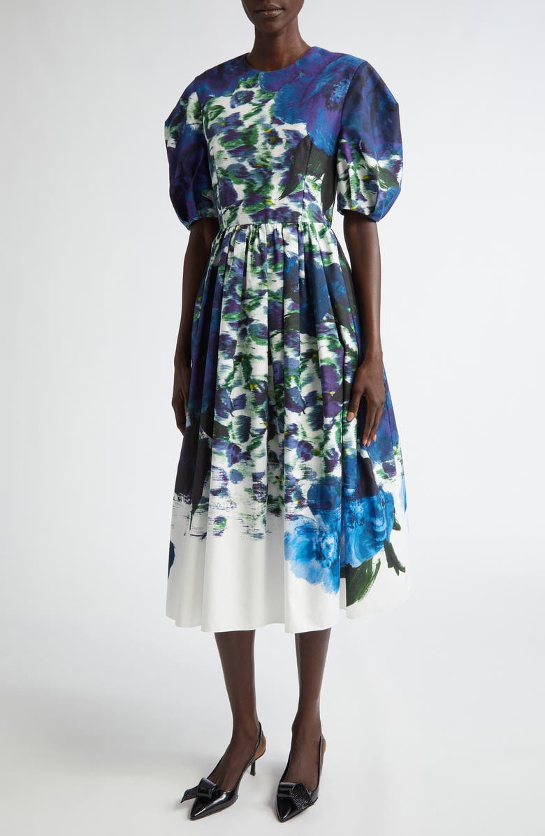 Erdem Floral Pleated Cotton Faille A-Line Midi Dress, Main, color, 