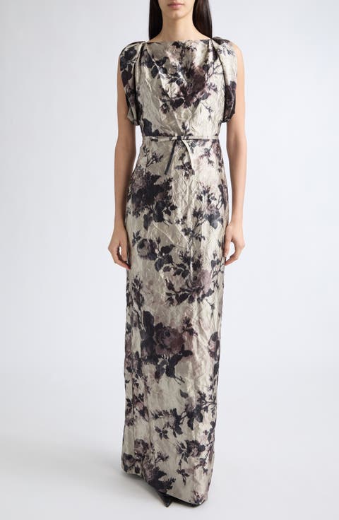 Floral Draped Textured Satin Gown