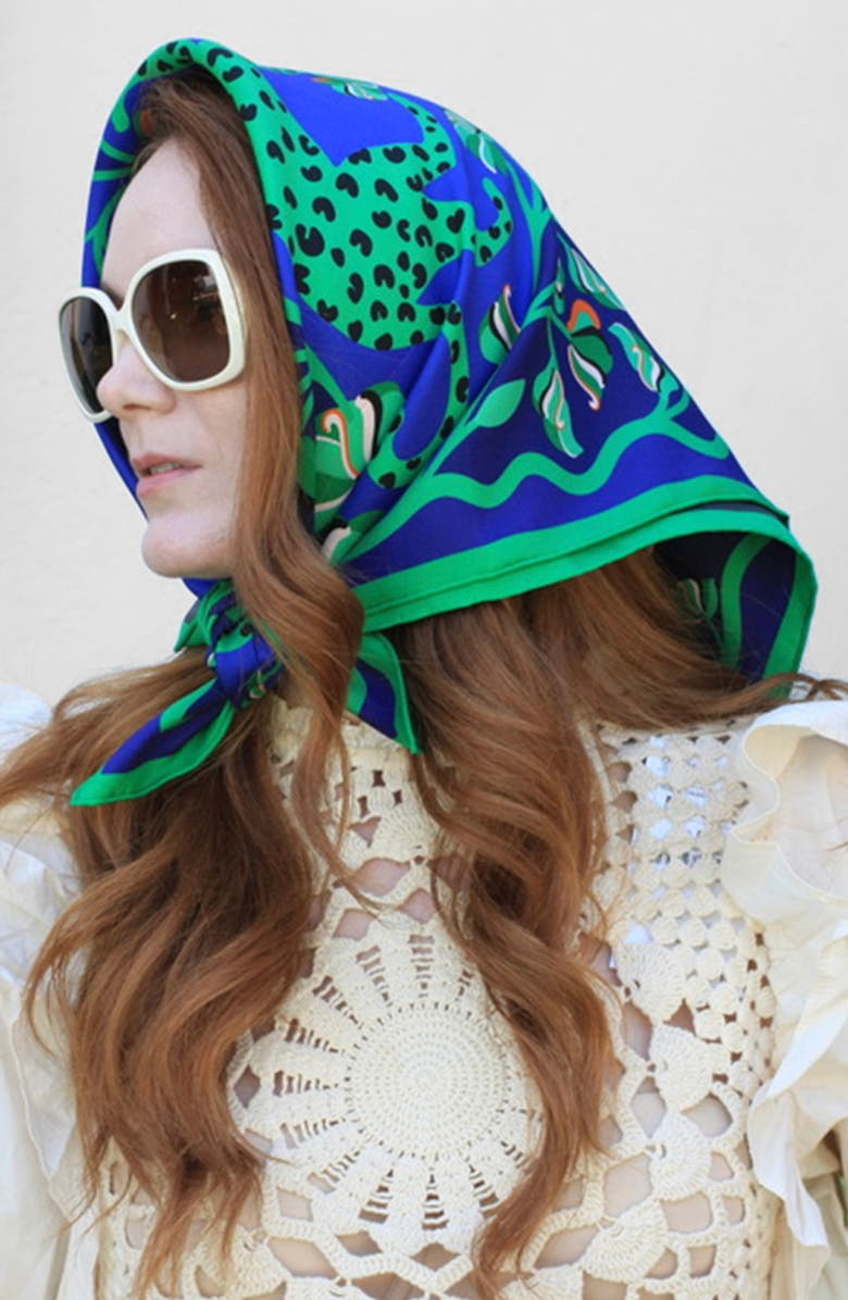 Jessie Zhao New York Double Sided Silk Scarf Of Leopards In The Verdant Wild, Alternate, color, Green