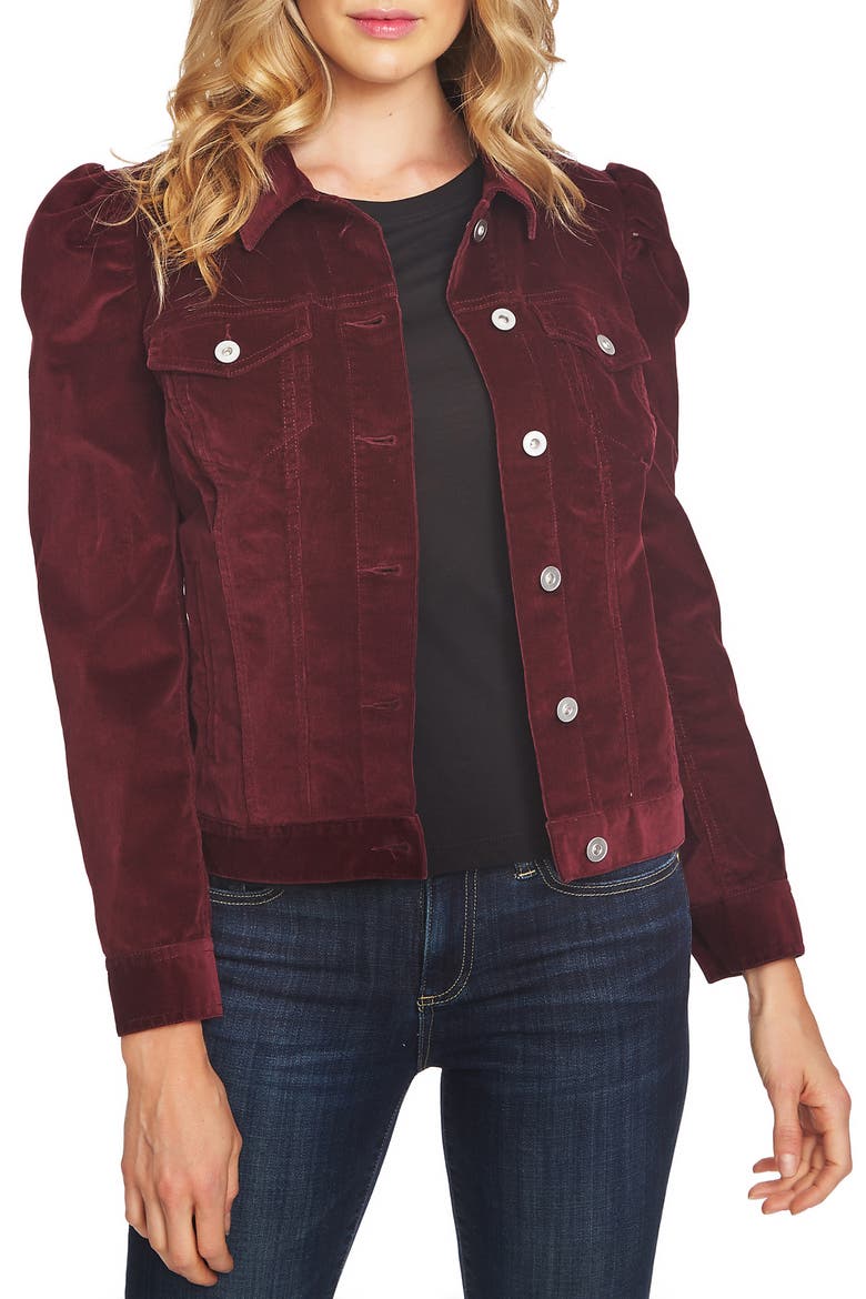 Puff Sleeve Stretch Cotton Corduroy Jacket, Main, color, DEEP CLARET