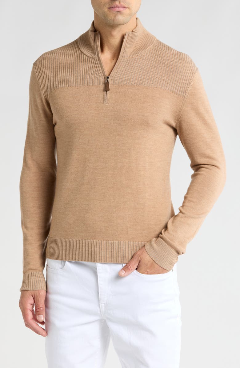 Bruno Magli Merino Wool Plaited Quarter-Zip Pullover, Main, color, Camel