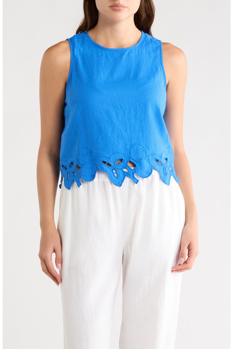 Embroidered Hem Crop Linen Blend Tank, Main, color, BLUE BLISS