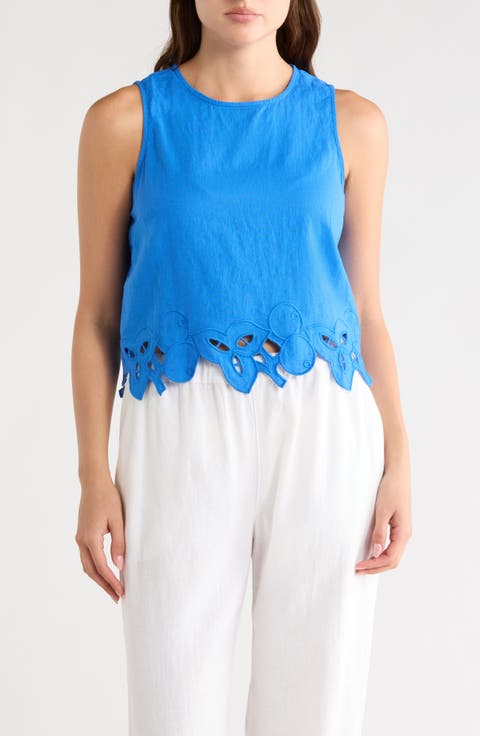 Embroidered Hem Crop Linen Blend Tank