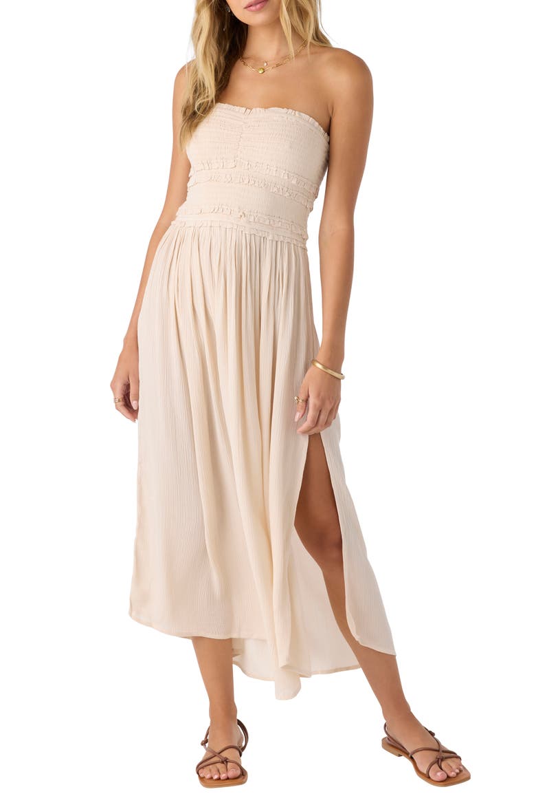Devyn Smocked Strapless Midi Dress, Main, color, TAPIOCA
