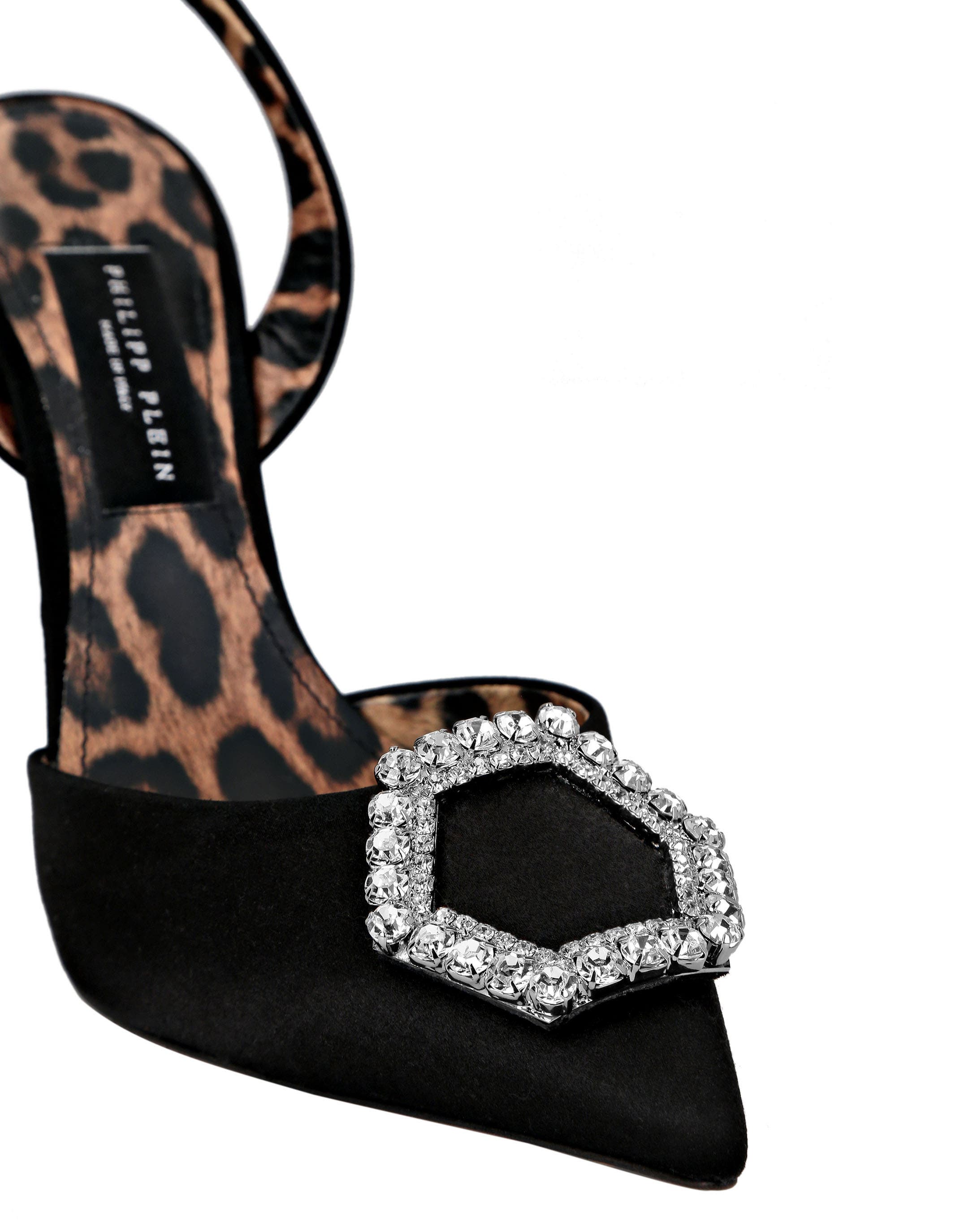 Satin Decollete Slingback Hi-Heels Crystal Hexagon Women, Alternate, color, black