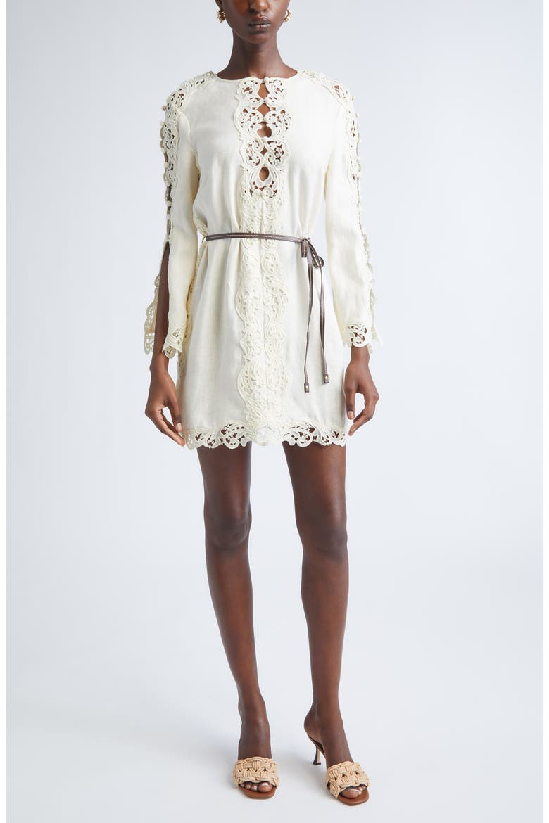 Awaken Long Sleeve Lace Trim Linen Minidress, Main, color, CREAM